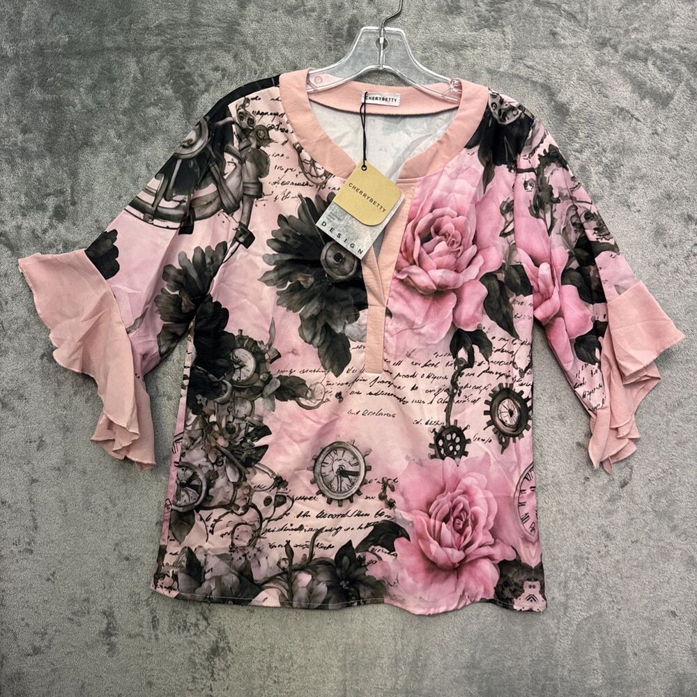 cherry betty top pink floral ruffled sleeve romantic NEW